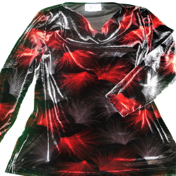 Vintage Top Velvet LARGE Red Gray Black Blouse stretchy pullover - Picture 2 of 6